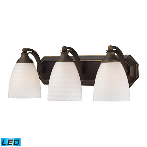 3 Light Vanity In Aged Bronze And White Swirl Glass - LED, 800 Lumens (2400 Lumens Total) With Full Scale Dimming Range, 60 Watt (180 Watt Total)Equivalent , 120V Replaceable LED Bulb Included