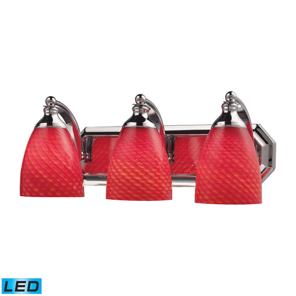 3 Light Vanity In Polished Chrome And scarlet Red Glass - LED, 800 Lumens (2400 Lumens Total) With Full Scale Dimming Range, 60 Watt (180 Watt Total)Equivalent , 120V Replaceable LED Bulb Included