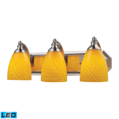 3 Light Vanity In Satin Nickel And Canary Glass - LED, 800 Lumens (2400 Lumens Total) With Full Scale Dimming Range, 60 Watt (180 Watt Total)Equivalent , 120V Replaceable LED Bulb Included