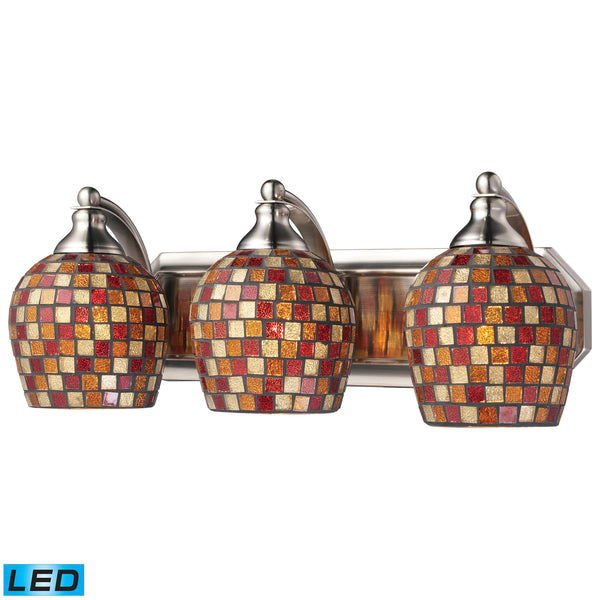 3 Light Vanity In Satin Nickel And Multi Mosaic Glass - LED, 800 Lumens (2400 Lumens Total) With Full Scale Dimming Range, 60 Watt (180 Watt Total)Equivalent , 120V Replaceable LED Bulb Included