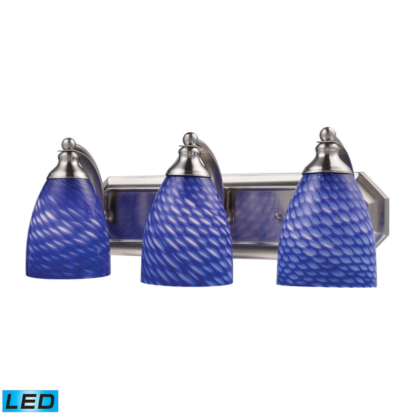 3 Light Vanity In Satin Nickel And Sapphire Glass - LED, 800 Lumens (2400 Lumens Total) With Full Scale Dimming Range, 60 Watt (180 Watt Total)Equivalent , 120V Replaceable LED Bulb Included