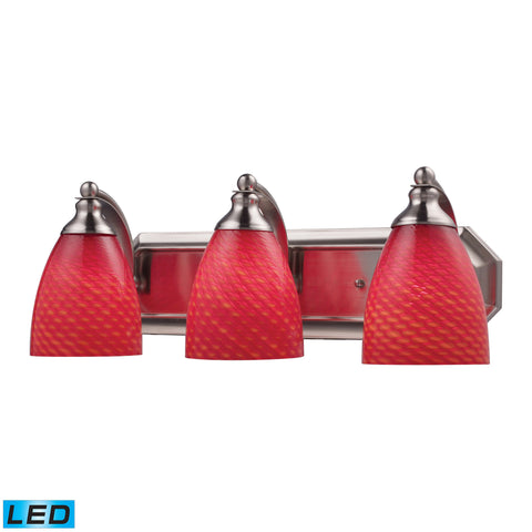 3 Light Vanity In Satin Nickel And scarlet Red Glass - LED, 800 Lumens (2400 Lumens Total) With Full Scale Dimming Range, 60 Watt (180 Watt Total)Equivalent , 120V Replaceable LED Bulb Included