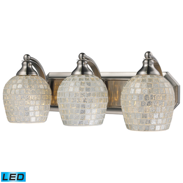 3 Light Vanity In Satin Nickel And Silver Mosaic Glass - LED, 800 Lumens (2400 Lumens Total) With Full Scale Dimming Range, 60 Watt (180 Watt Total)Equivalent , 120V Replaceable LED Bulb Included