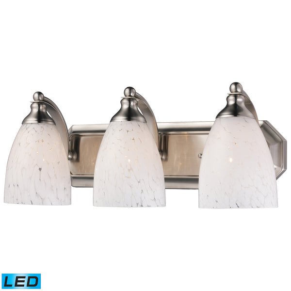 3 Light Vanity In Satin Nickel And Snow White Glass - LED, 800 Lumens (2400 Lumens Total) With Full Scale Dimming Range, 60 Watt (180 Watt Total)Equivalent , 120V Replaceable LED Bulb Included