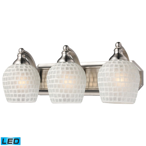 3 Light Vanity In Satin Nickel And White Mosaic Glass - LED, 800 Lumens (2400 Lumens Total) With Full Scale Dimming Range, 60 Watt (180 Watt Total)Equivalent , 120V Replaceable LED Bulb Included
