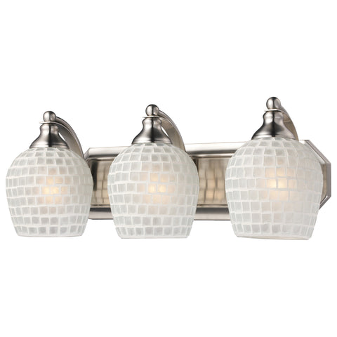 3 Light Vanity In Satin Nickel And White Mosaic Glass