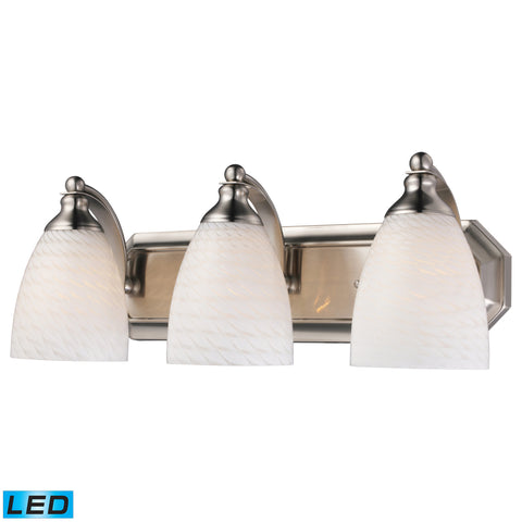 3 Light Vanity In Satin Nickel And White Swirl Glass - LED, 800 Lumens (2400 Lumens Total) With Full Scale Dimming Range, 60 Watt (180 Watt Total)Equivalent , 120V Replaceable LED Bulb Included