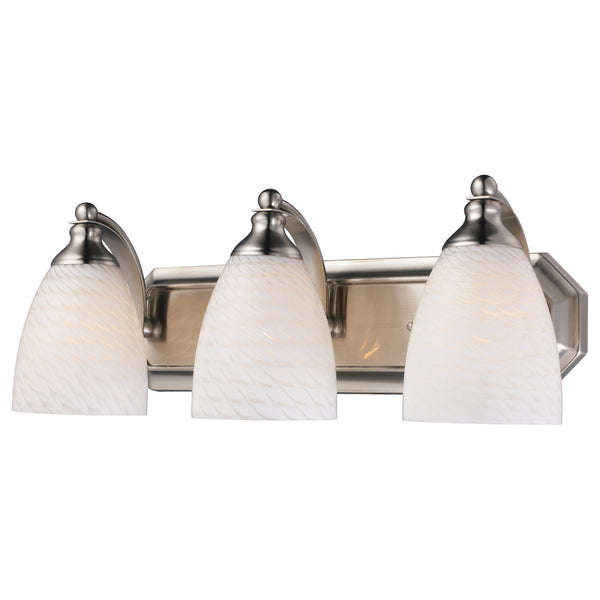 3 Light Vanity In Satin Nickel And White Swirl Glass