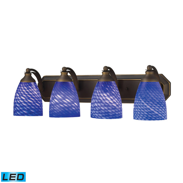 4 Light Vanity In Aged Bronze And Sapphire Glass - LED, 800 Lumens (3200 Lumens Total) With Full Scale Dimming Range, 60 Watt (240 Watt Total)Equivalent , 120V Replaceable LED Bulb Included