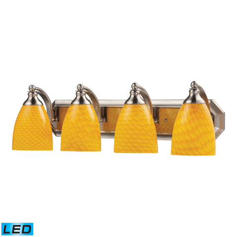 4 Light Vanity In Satin Nickel And Canary Glass - LED, 800 Lumens (3200 Lumens Total) With Full Scale Dimming Range, 60 Watt (240 Watt Total)Equivalent , 120V Replaceable LED Bulb Included