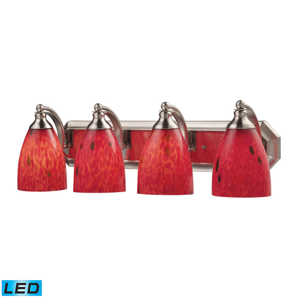 4 Light Vanity In Satin Nickel And Fire Red Glass - LED, 800 Lumens (3200 Lumens Total) With Full Scale Dimming Range, 60 Watt (240 Watt Total)Equivalent , 120V Replaceable LED Bulb Included