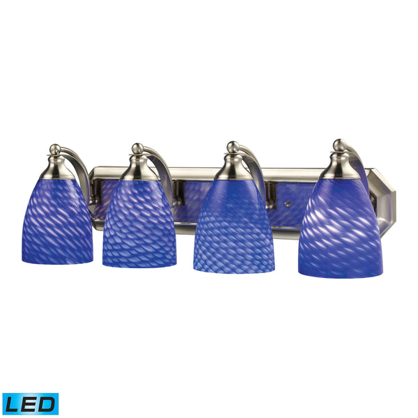 4 Light Vanity In Satin Nickel And Sapphire Glass - LED, 800 Lumens (3200 Lumens Total) With Full Scale Dimming Range, 60 Watt (240 Watt Total)Equivalent , 120V Replaceable LED Bulb Included