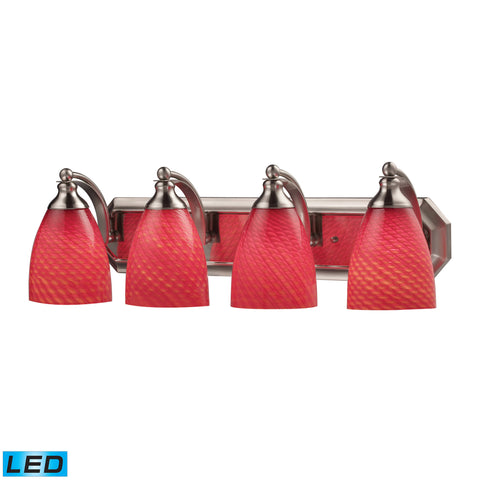 4 Light Vanity In Satin Nickel And scarlet Red Glass - LED, 800 Lumens (3200 Lumens Total) With Full Scale Dimming Range, 60 Watt (240 Watt Total)Equivalent , 120V Replaceable LED Bulb Included