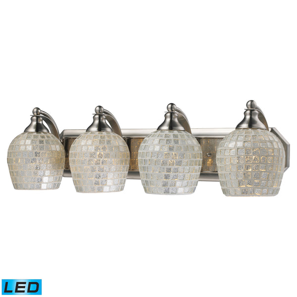 4 Light Vanity In Satin Nickel And Silver Mosaic Glass - LED, 800 Lumens (3200 Lumens Total) With Full Scale Dimming Range, 60 Watt (240 Watt Total)Equivalent , 120V Replaceable LED Bulb Included