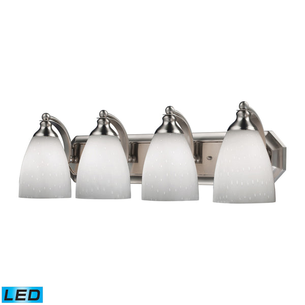 4 Light Vanity In Satin Nickel And Simply White Glass - LED, 800 Lumens (3200 Lumens Total) With Full Scale Dimming Range, 60 Watt (240 Watt Total)Equivalent , 120V Replaceable LED Bulb Included