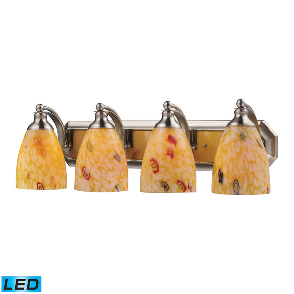 4 Light Vanity In Satin Nickel And Yellow Blaze Glass - LED, 800 Lumens (3200 Lumens Total) With Full Scale Dimming Range, 60 Watt (240 Watt Total)Equivalent , 120V Replaceable LED Bulb Included