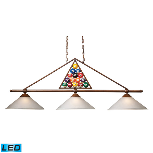 3-Light Billiard Light With Wood Patina And White Glass - LED, 800 Lumens (2400 Lumens Total) With Full Scale Dimming Range, 60 Watt (180 Watt Total)Equivalent , 120V Replaceable LED Bulb Included
