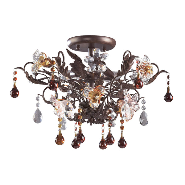 3 Light Semi Flush In Deep Rust And Hand Blown Florets