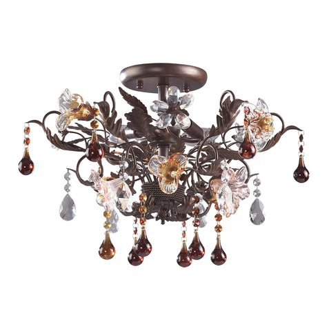 3 Light Semi Flush In Deep Rust And Hand Blown Florets
