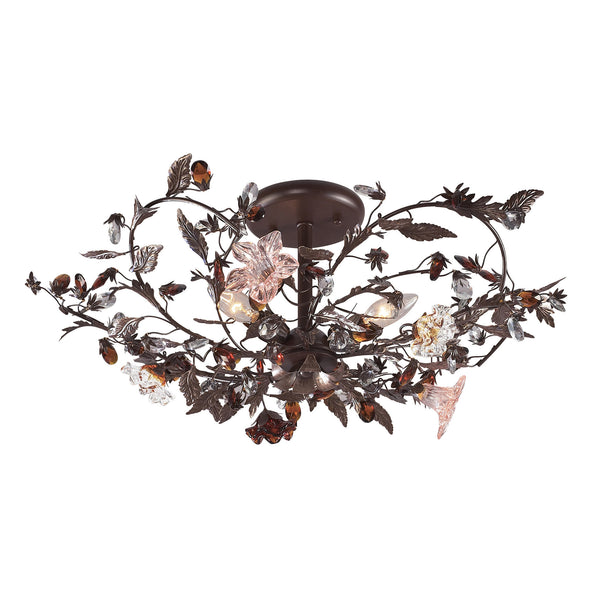 3 Light Semi Flush In Deep Rust And Hand Blown Florets