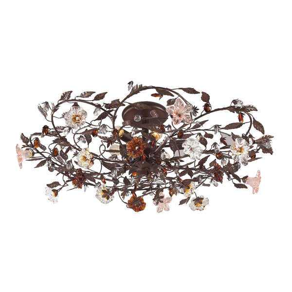 6 Light Semi Flush In Deep Rust And Hand Blown Florets