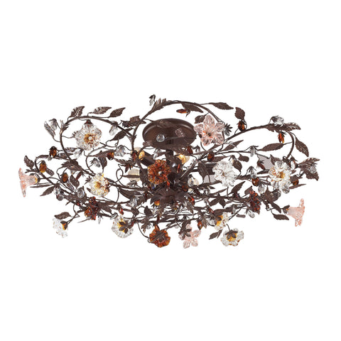 6 Light Semi Flush In Deep Rust And Hand Blown Florets