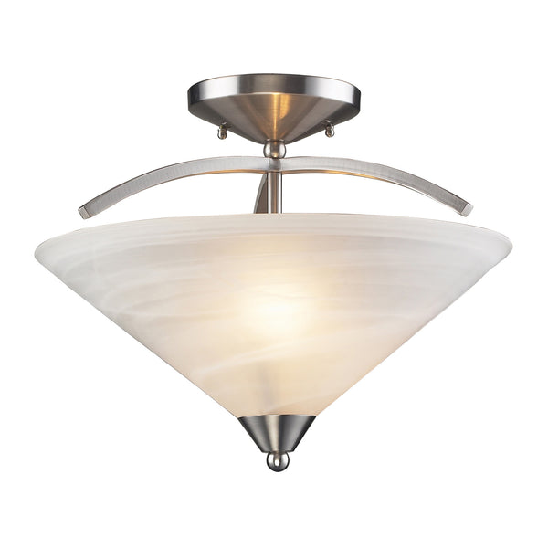 2 Light Semi Flush In Satin Nickel And Marblized White Glass