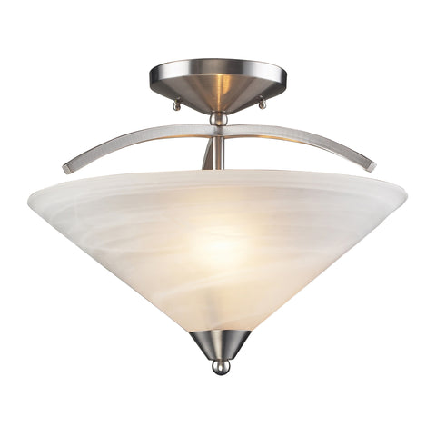 2 Light Semi Flush In Satin Nickel And Marblized White Glass