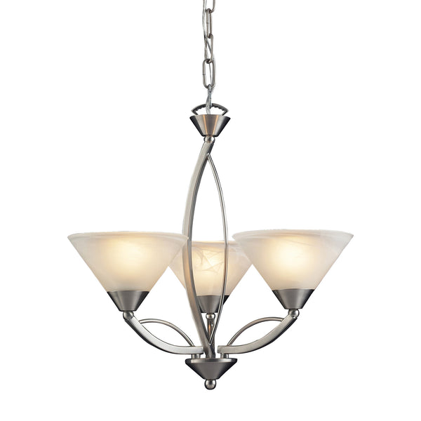 3 Light Chandelier In Satin Nickel And Marblized White Glass
