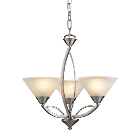 3 Light Chandelier In Satin Nickel And Marblized White Glass