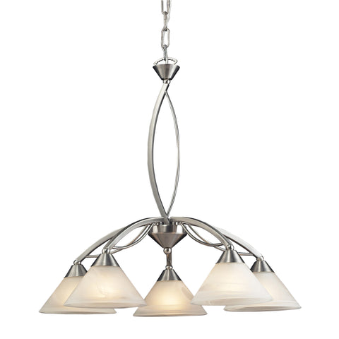 5 Light Chandelier In Satin Nickel And Marblized White Glass
