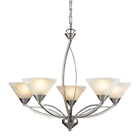 5 Light Chandelier In Satin Nickel And Marblized White Glass