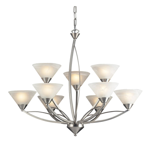 9 Light Chandelier In Satin Nickel And Marblized White Glass