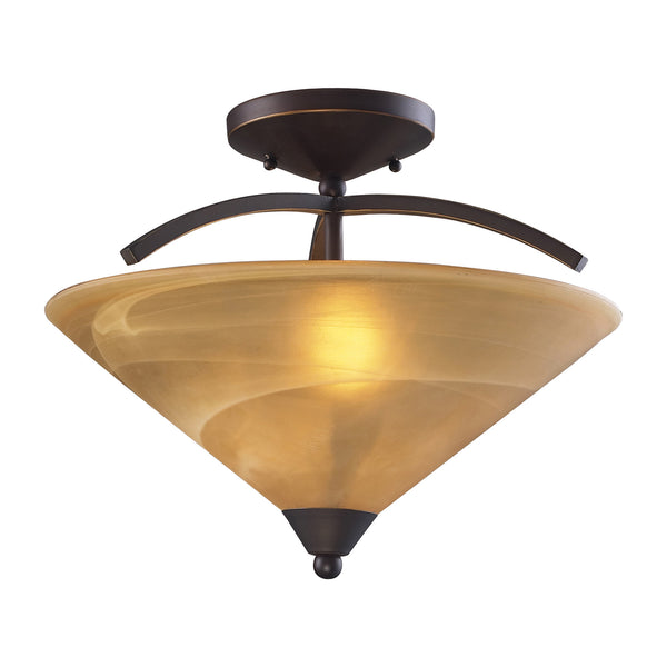 2 Light Semi Flush In Aged Bronze And Tea Swirl Glass