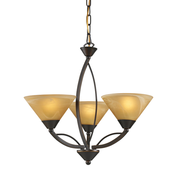 3 Light Chandelier In Aged Bronze And Tea Swirl Glass