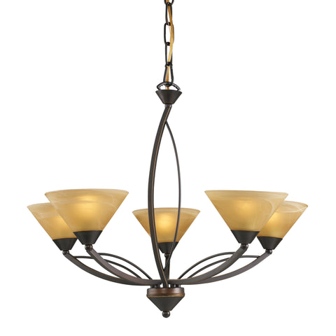 5 Light Chandelier In Aged Bronze And Tea Swirl Glass