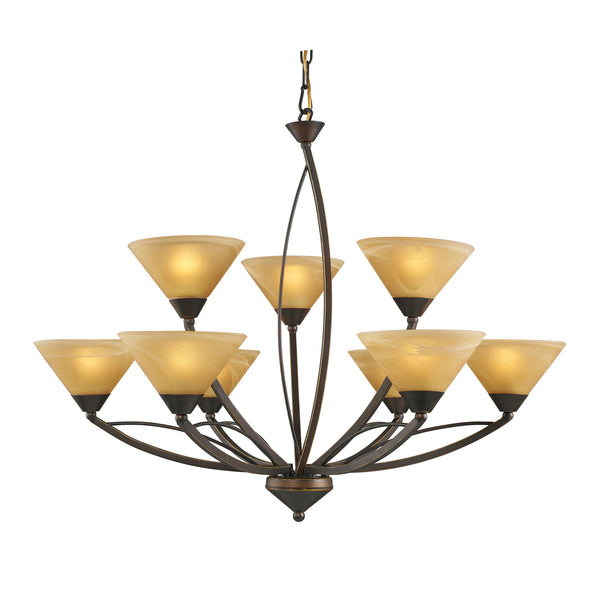 9 Light Chandelier In Aged Bronze And Tea Swirl Glass
