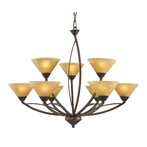 9 Light Chandelier In Aged Bronze And Tea Swirl Glass