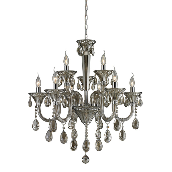 6+3 Light Crystal Chandelier In Teak Plated & Chrome Finish