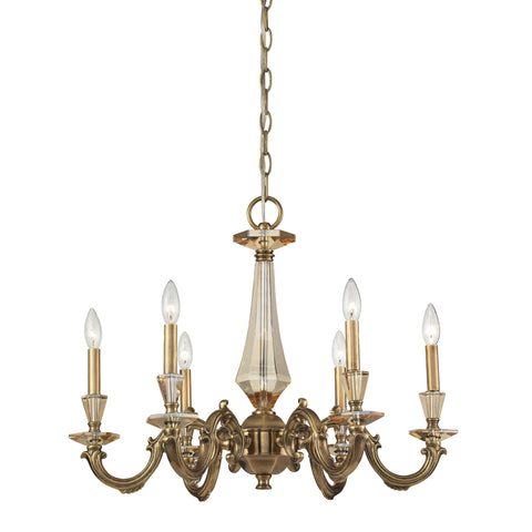 6Light Brass And Teak Crystal Chandelier Without Shade