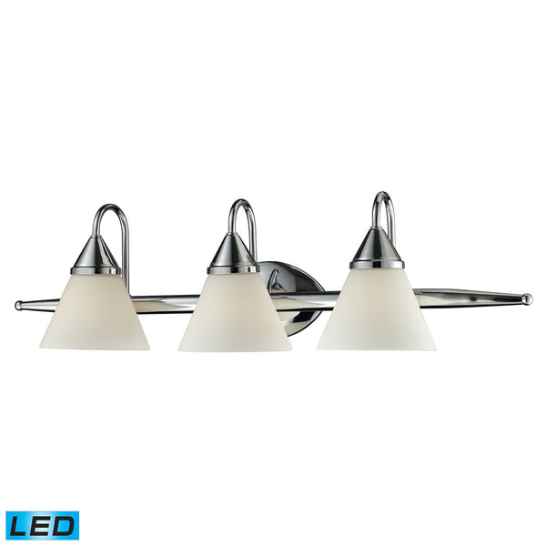 3Light Glass Bath Bar In Chrome Finish - LED, 800 Lumens (2400 Lumens Total) With Full Scale Dimming Range, 60 Watt (180 Watt Total)Equivalent , 120V Replaceable LED Bulb Included