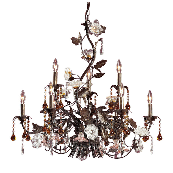 9 Light Chandelier In Deep Rust And Hand Blown Florets