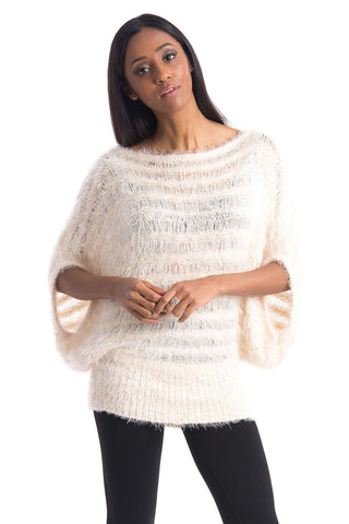 Bat-Wing Sequined Fluffy Jumper-Cream-S/M - UK (8-10)
