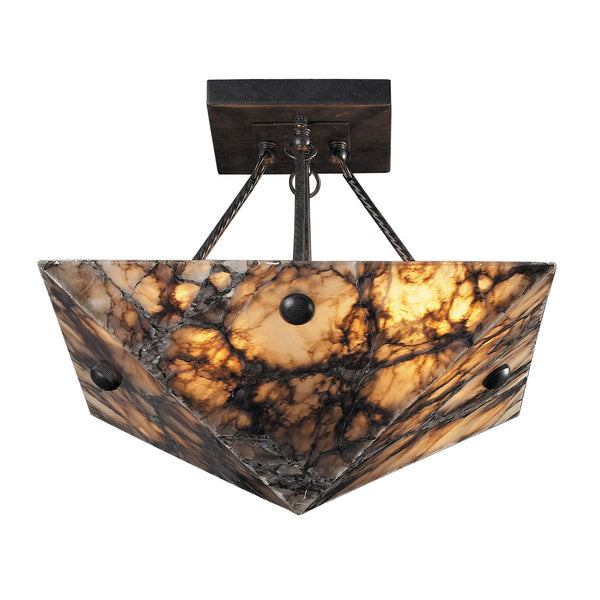 4 Light Semi Flush In Antique Brass And Veined Stone