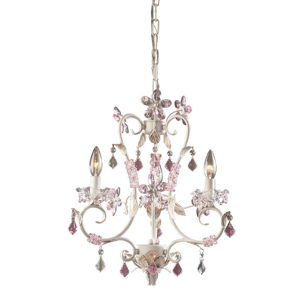 3 Light Chandelier In Antique White And Rose And Clear Crystal