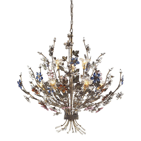 9 Light Chandelier In Bronzed Rust And Multi Colored Crystal Florets