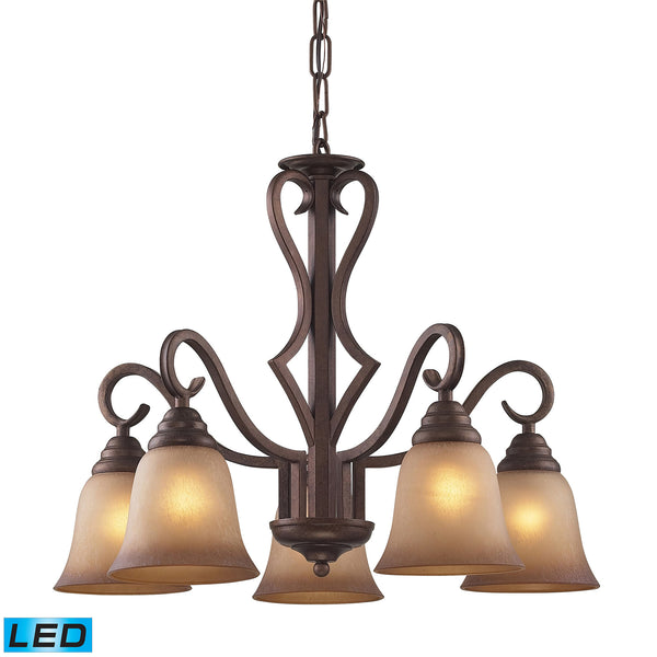 5 Light Chandelier In Mocha And Antique Amber Glass - LED, 800 Lumens (4000 Lumens Total) With Full Scale Dimming Range, 60 Watt (300 Watt Total)Equivalent , 120V Replaceable LED Bulb Included