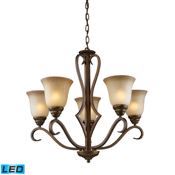 5 Light Chandelier In Mocha And Antique Amber Glass - LED, 800 Lumens (4000 Lumens Total) With Full Scale Dimming Range, 60 Watt (300 Watt Total)Equivalent , 120V Replaceable LED Bulb Included
