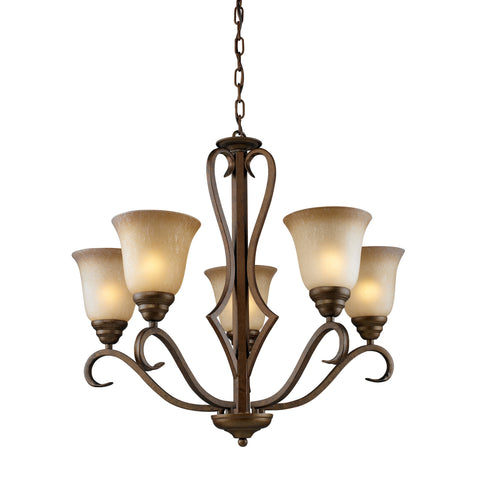 5 Light Chandelier In Mocha And Antique Amber Glass
