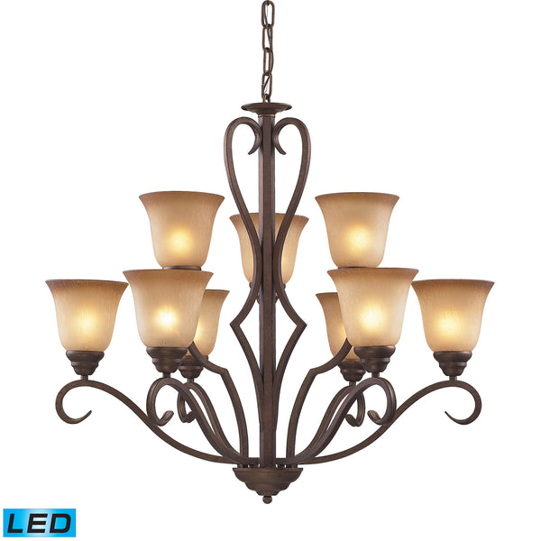 9 Light Chandelier In Mocha And Antique Amber Glass - LED'S Offering Up To 7,200 Lumens (540 Watt Equivalent) With Full Range Dimming. Includes Easily Replaceable LED Bulbs (120V).
